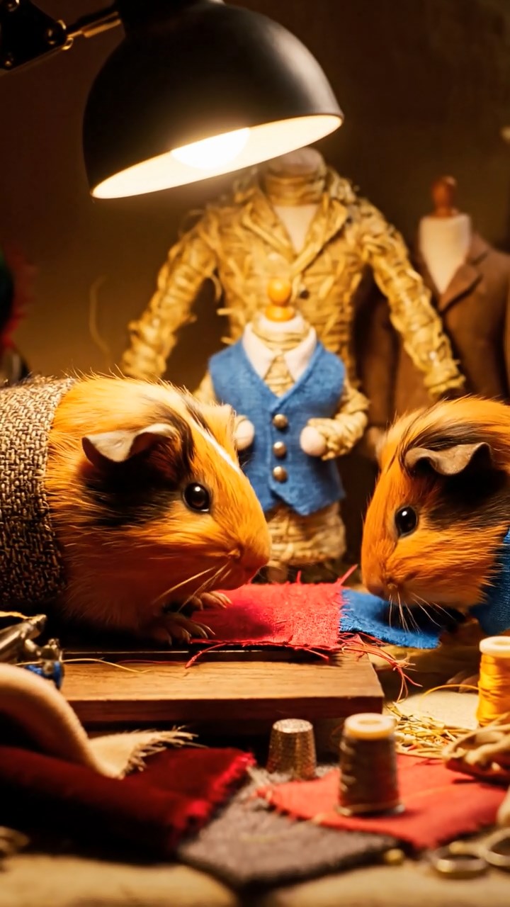 352. Realistic scene of 2 smooth-haired Californian guinea pigs with Orange and Black fur, dressed as tailors in tiny vests, sewing miniature coats in a guinea pig atelier with colorful fabrics and hay mannequins, under warm lamplight, enhancing the lifelike, creative atmosphere.