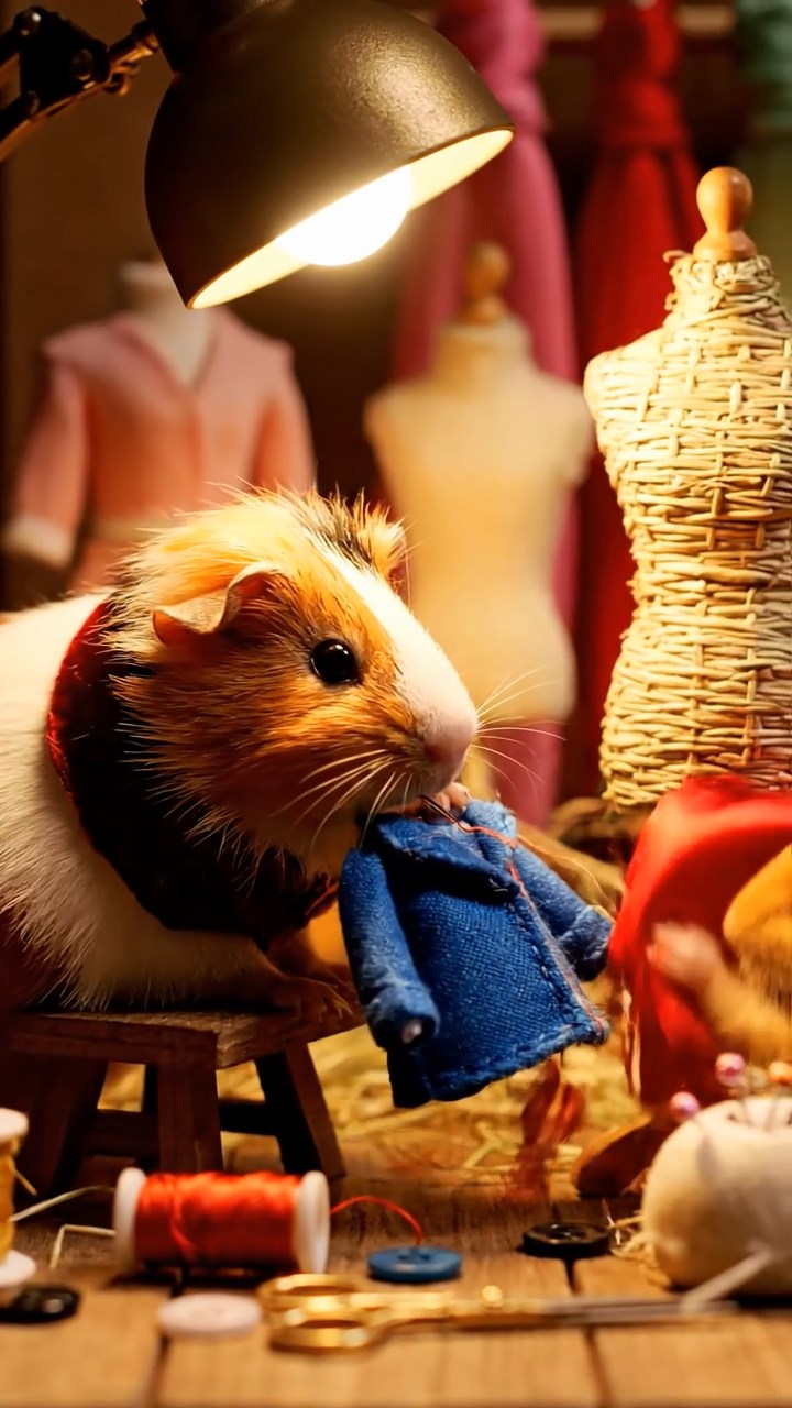 352. Realistic scene of 2 smooth-haired Californian guinea pigs with Orange and Black fur, dressed as tailors in tiny vests, sewing miniature coats in a guinea pig atelier with colorful fabrics and hay mannequins, under warm lamplight, enhancing the lifelike, creative atmosphere.