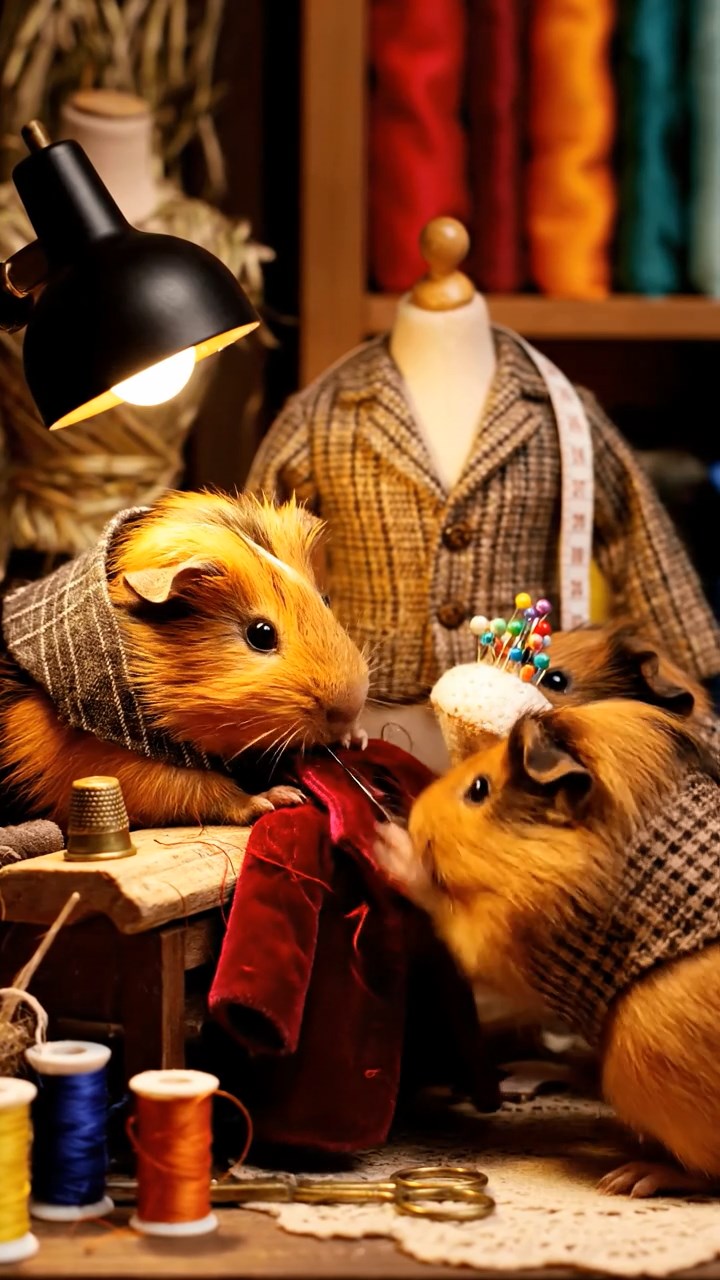 352. Realistic scene of 2 smooth-haired Californian guinea pigs with Orange and Black fur, dressed as tailors in tiny vests, sewing miniature coats in a guinea pig atelier with colorful fabrics and hay mannequins, under warm lamplight, enhancing the lifelike, creative atmosphere.