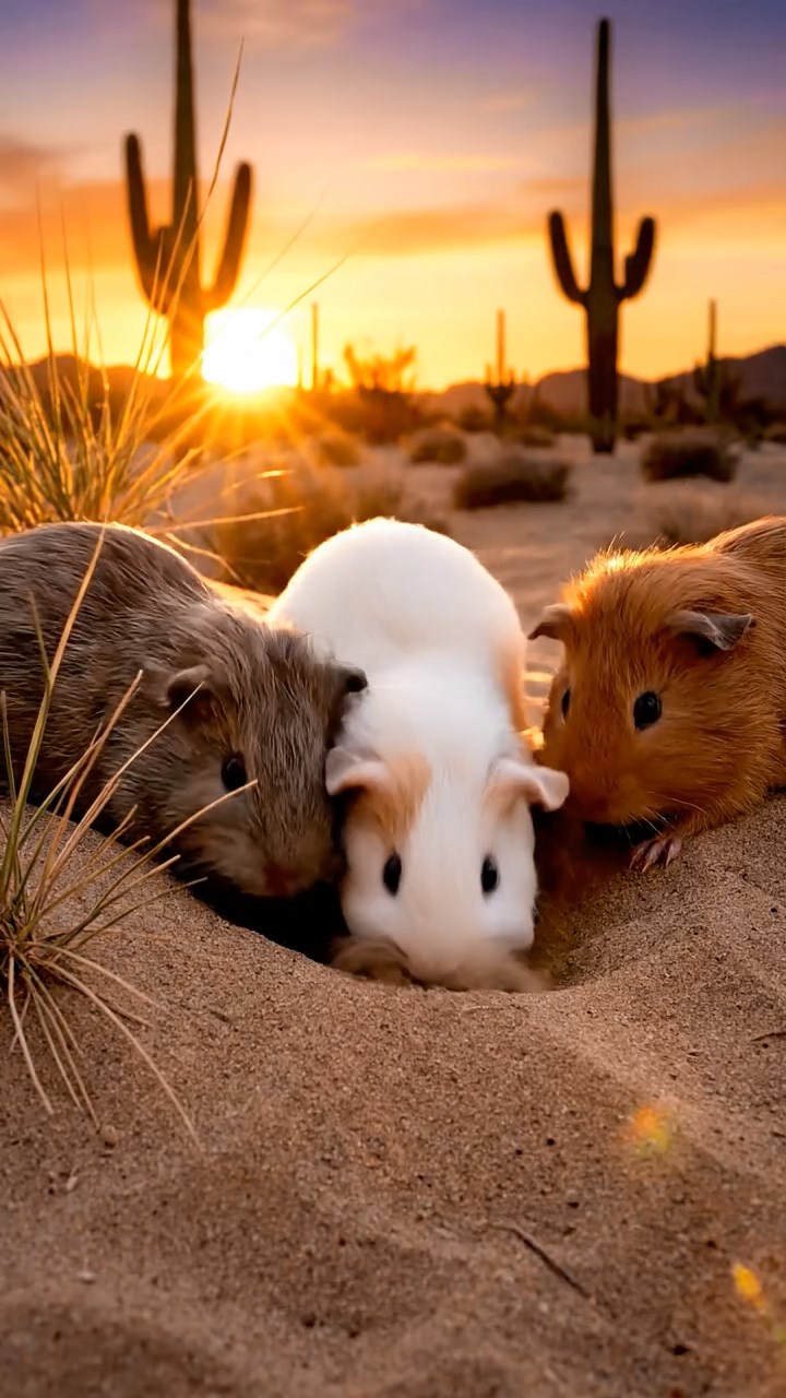 353. Detailed photo of 3 smooth-haired American guinea pigs with Gray, Cream, and Brown fur, burrowing like rabbits in a sandy dune with sparse grass and distant cacti, under a golden sunset, creating a vivid, realistic desert scene.