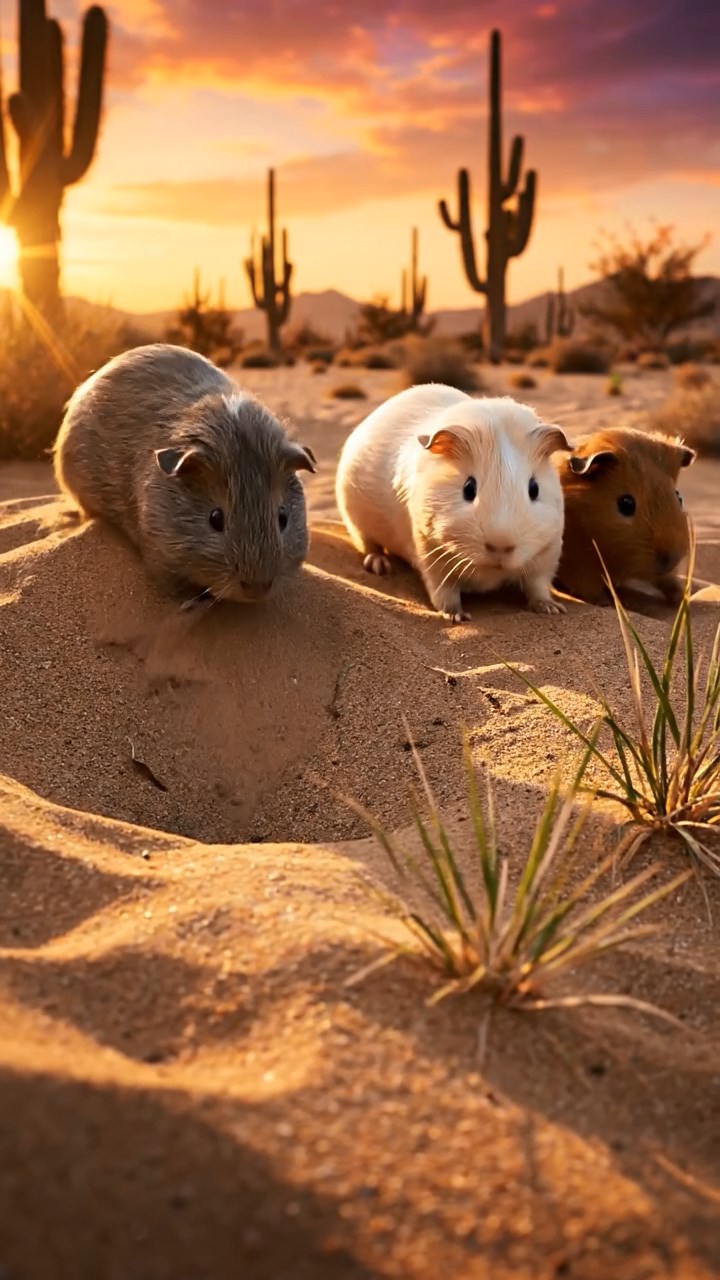 353. Detailed photo of 3 smooth-haired American guinea pigs with Gray, Cream, and Brown fur, burrowing like rabbits in a sandy dune with sparse grass and distant cacti, under a golden sunset, creating a vivid, realistic desert scene.