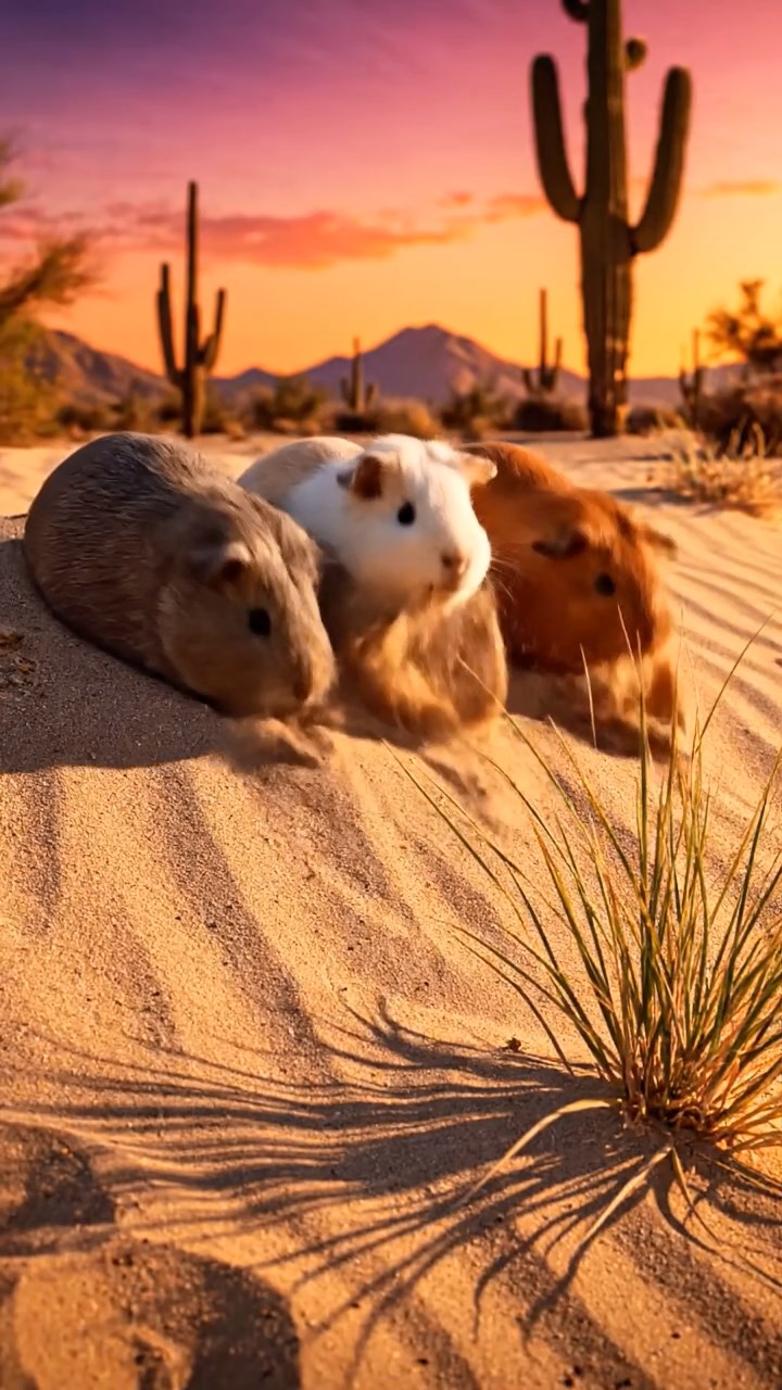 353. Detailed photo of 3 smooth-haired American guinea pigs with Gray, Cream, and Brown fur, burrowing like rabbits in a sandy dune with sparse grass and distant cacti, under a golden sunset, creating a vivid, realistic desert scene.
