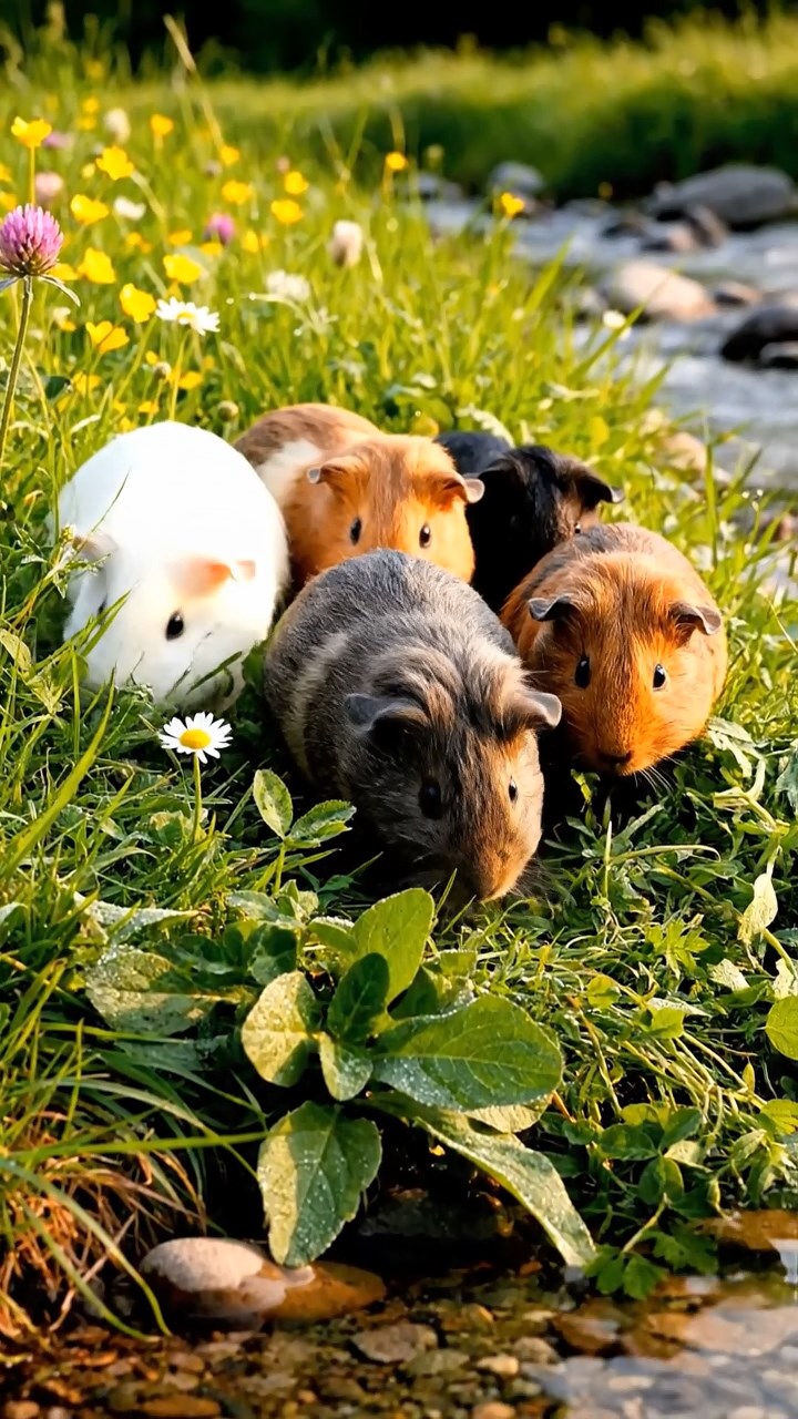 355. Highly detailed view of 5 smooth-haired Himalayan guinea pigs with White, Orange, Gray, Black, and Brown fur, foraging for wild herbs in a lush meadow with wildflowers and a babbling brook, under soft morning light, creating a realistic, serene pastoral scene.
