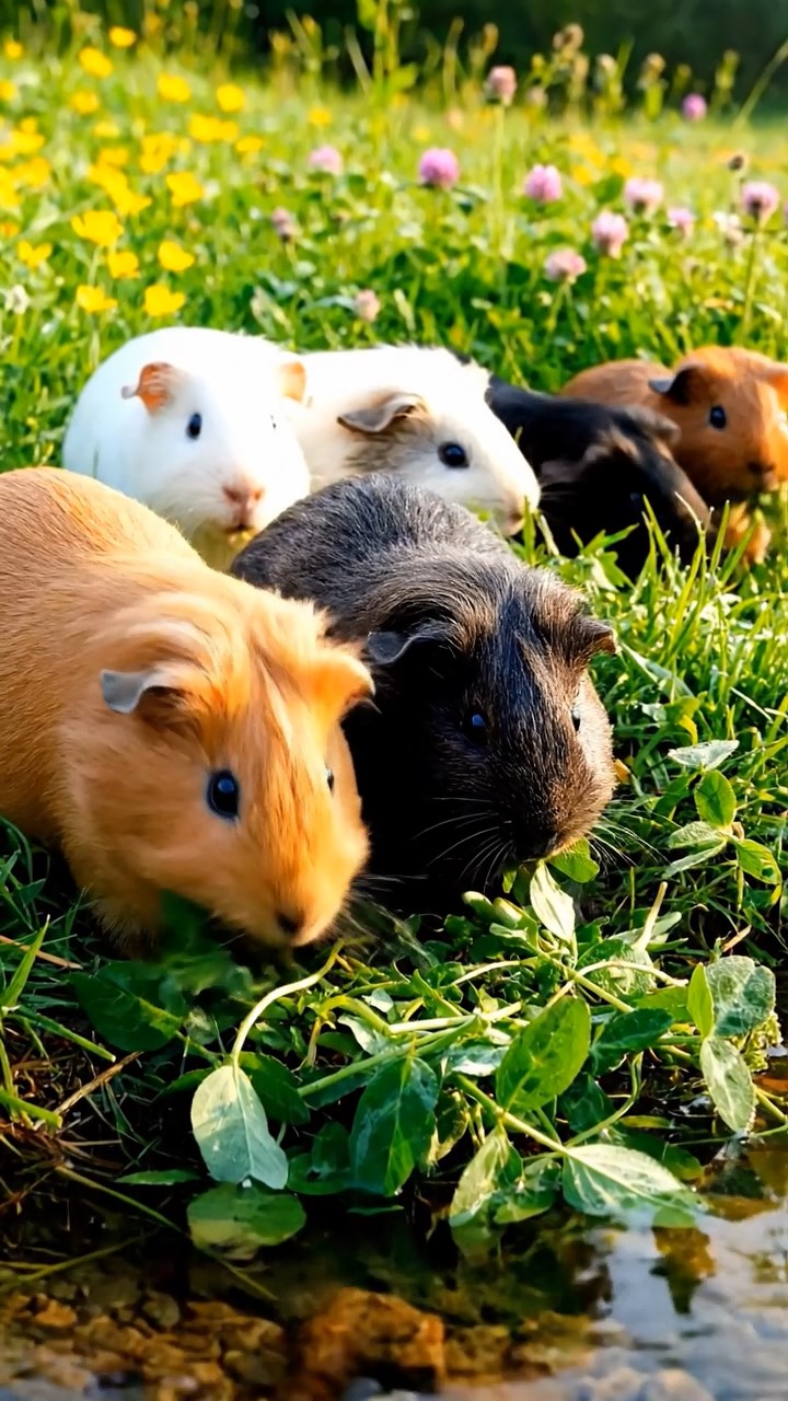 355. Highly detailed view of 5 smooth-haired Himalayan guinea pigs with White, Orange, Gray, Black, and Brown fur, foraging for wild herbs in a lush meadow with wildflowers and a babbling brook, under soft morning light, creating a realistic, serene pastoral scene.