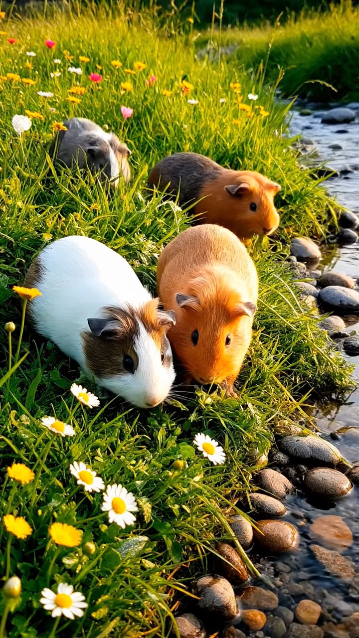 355. Highly detailed view of 5 smooth-haired Himalayan guinea pigs with White, Orange, Gray, Black, and Brown fur, foraging for wild herbs in a lush meadow with wildflowers and a babbling brook, under soft morning light, creating a realistic, serene pastoral scene.