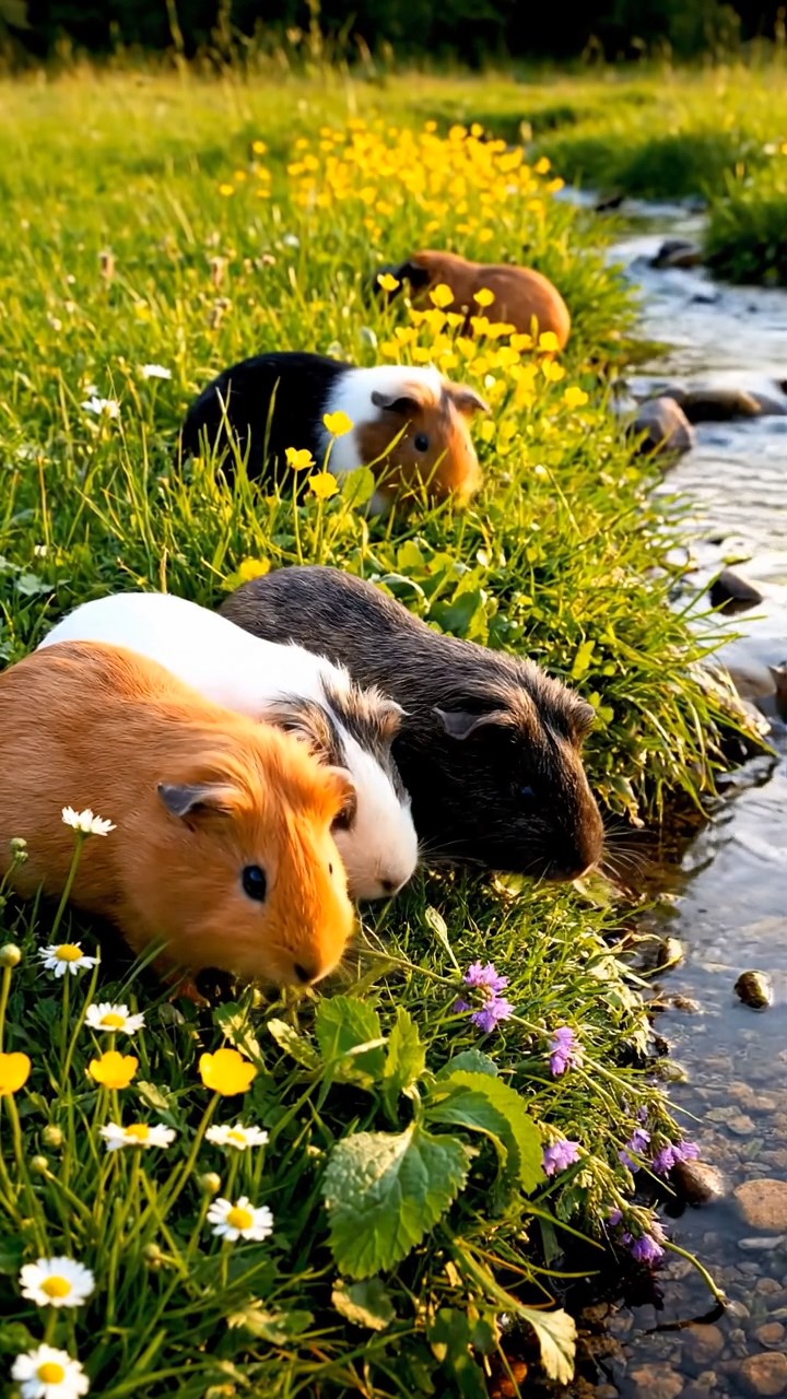 355. Highly detailed view of 5 smooth-haired Himalayan guinea pigs with White, Orange, Gray, Black, and Brown fur, foraging for wild herbs in a lush meadow with wildflowers and a babbling brook, under soft morning light, creating a realistic, serene pastoral scene.
