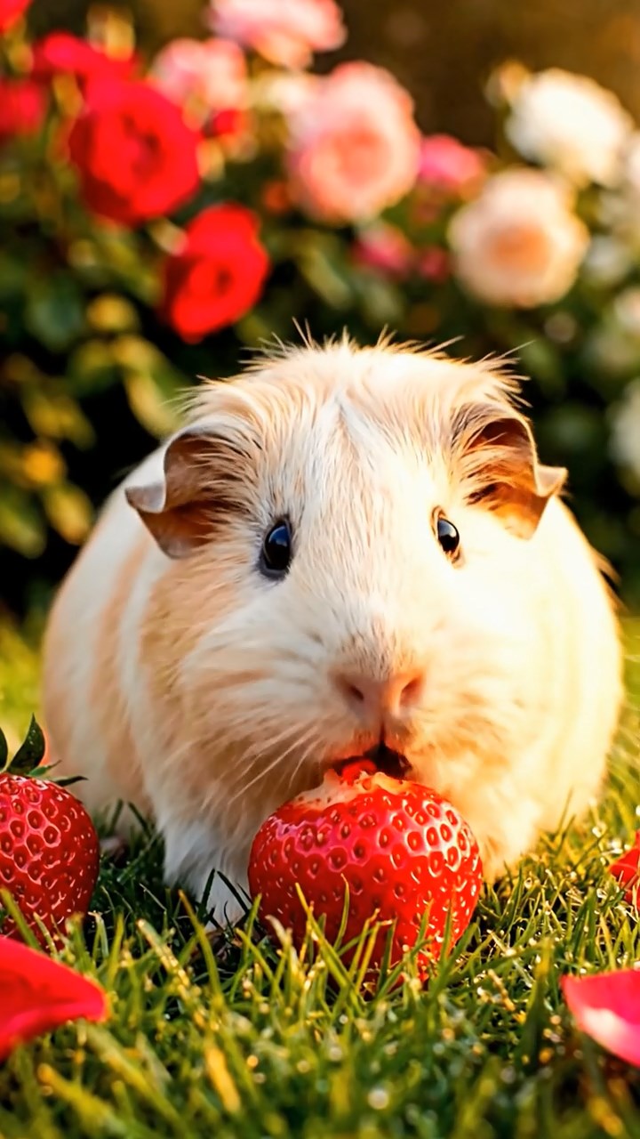 356. Realistic scene of 1 smooth-haired Californian guinea pig with Cream fur, nibbling on strawberries, in a fragrant rose garden with blooming red and white roses, under warm sunlight, capturing a vivid, lifelike romantic moment.