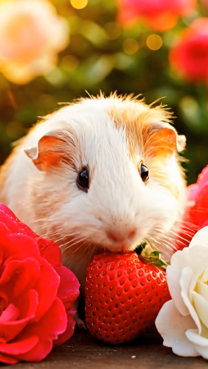 356. Realistic scene of 1 smooth-haired Californian guinea pig with Cream fur, nibbling on strawberries, in a fragrant rose garden with blooming red and white roses, under warm sunlight, capturing a vivid, lifelike romantic moment.
