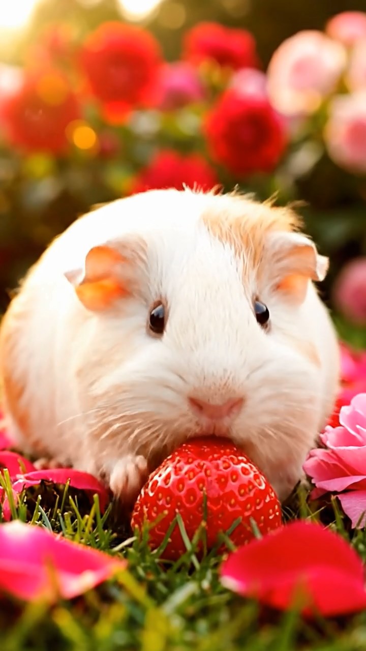 356. Realistic scene of 1 smooth-haired Californian guinea pig with Cream fur, nibbling on strawberries, in a fragrant rose garden with blooming red and white roses, under warm sunlight, capturing a vivid, lifelike romantic moment.