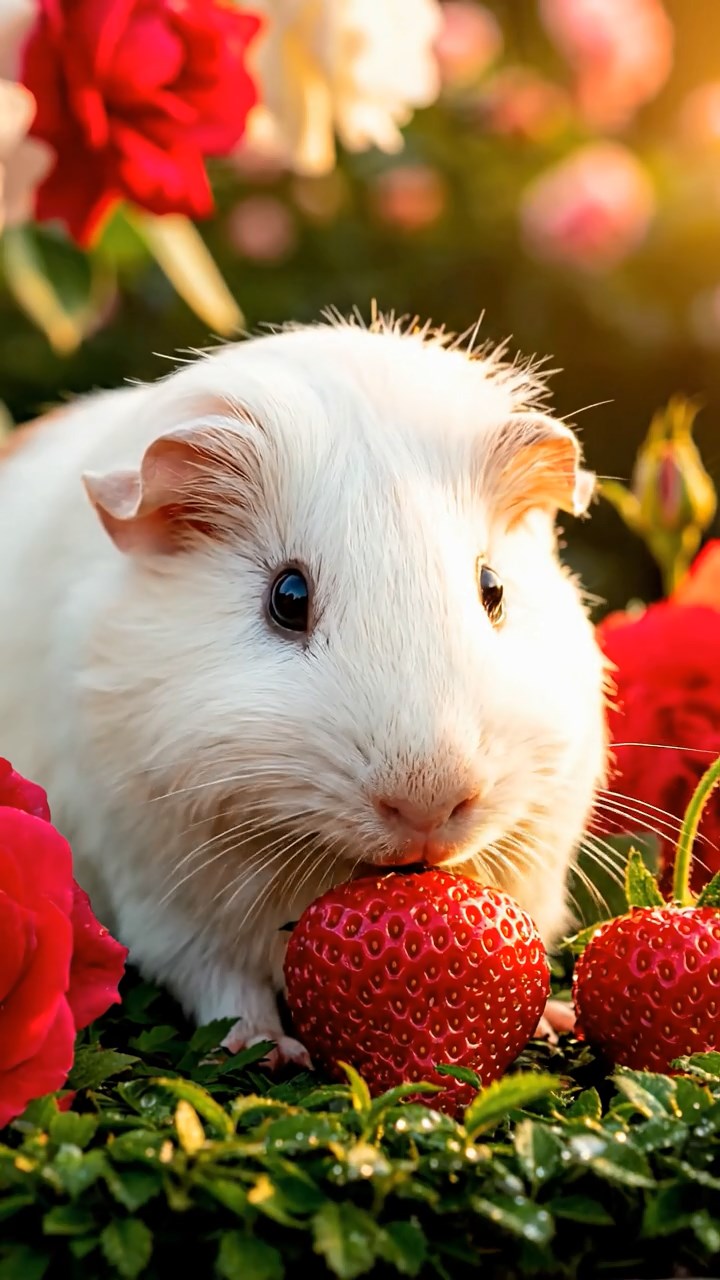 356. Realistic scene of 1 smooth-haired Californian guinea pig with Cream fur, nibbling on strawberries, in a fragrant rose garden with blooming red and white roses, under warm sunlight, capturing a vivid, lifelike romantic moment.
