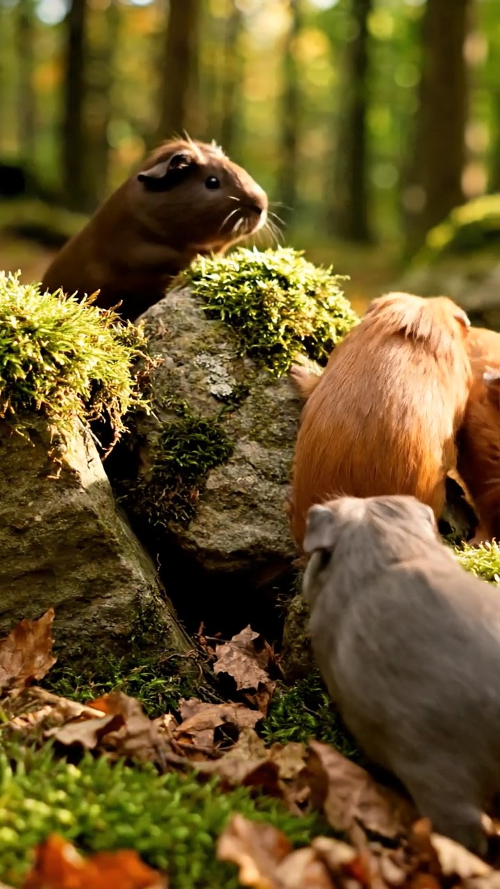 358. Photorealistic scene of 3 smooth-haired Teddy guinea pigs with Chocolate, Cinnamon, and Gray fur, climbing small rocks in a forested glade with soft moss and scattered leaves, under dappled sunlight, enhancing the authentic, adventurous atmosphere.