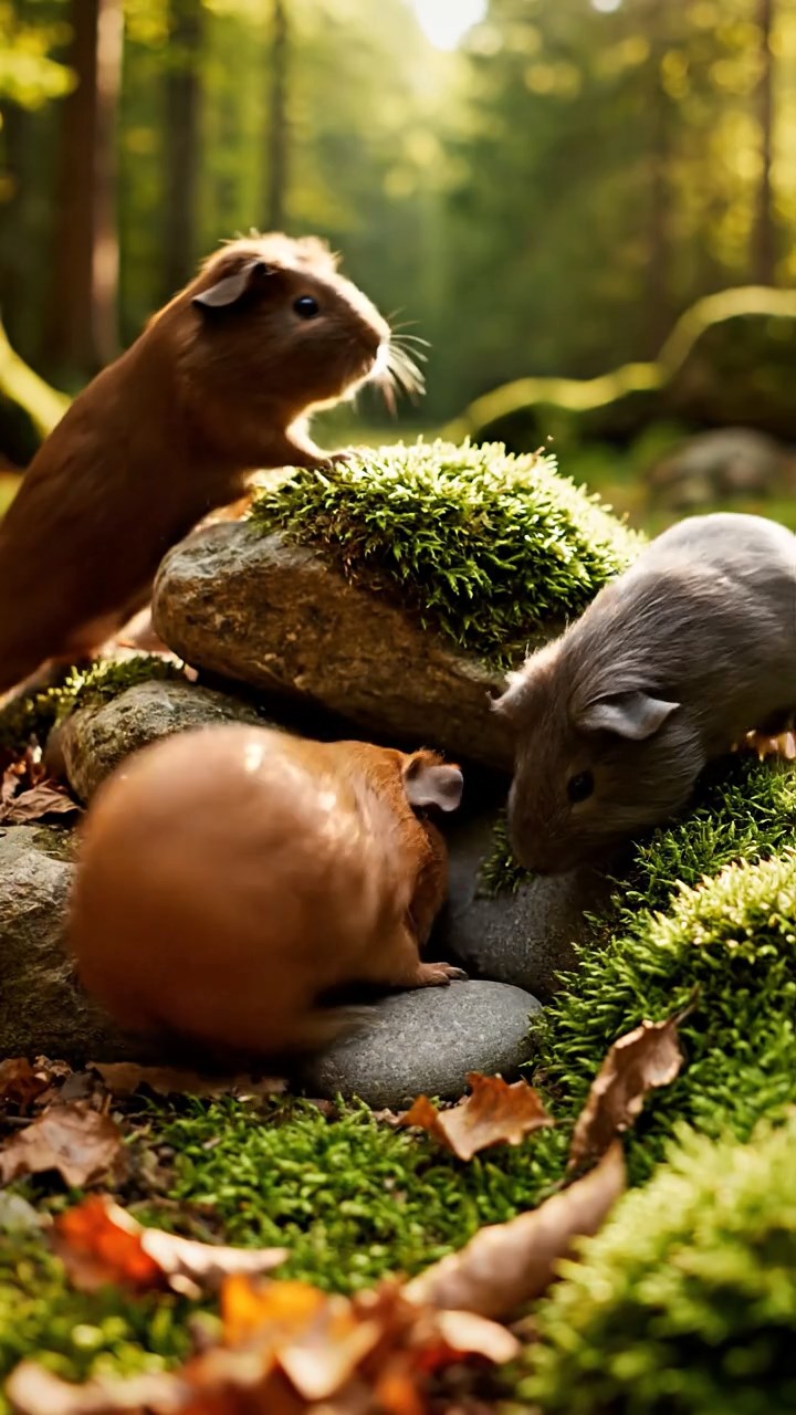 358. Photorealistic scene of 3 smooth-haired Teddy guinea pigs with Chocolate, Cinnamon, and Gray fur, climbing small rocks in a forested glade with soft moss and scattered leaves, under dappled sunlight, enhancing the authentic, adventurous atmosphere.