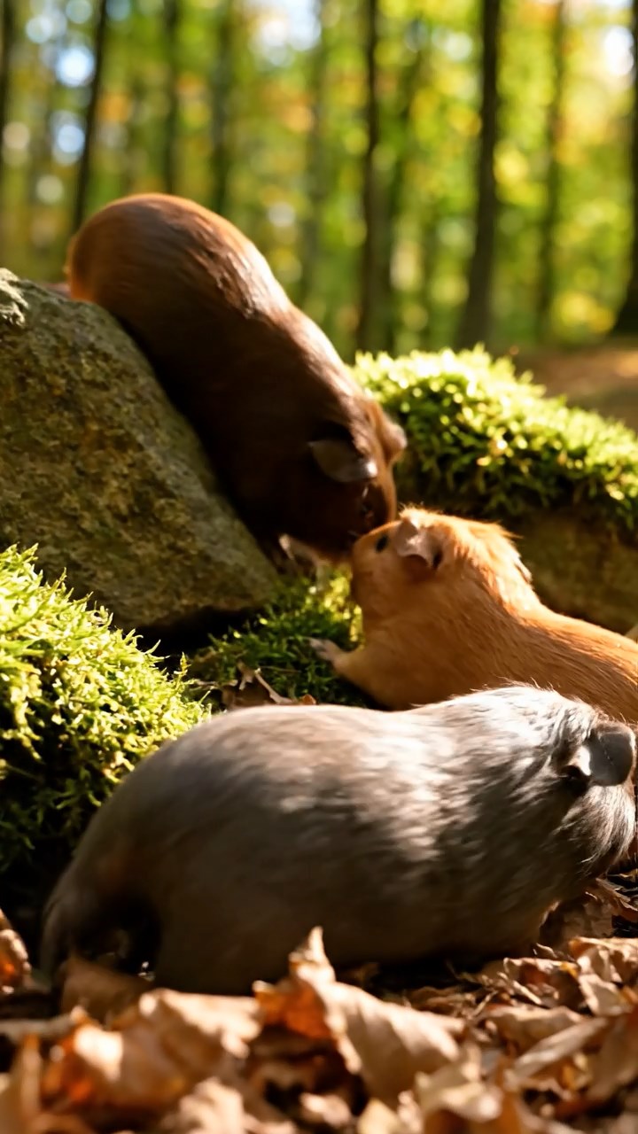 358. Photorealistic scene of 3 smooth-haired Teddy guinea pigs with Chocolate, Cinnamon, and Gray fur, climbing small rocks in a forested glade with soft moss and scattered leaves, under dappled sunlight, enhancing the authentic, adventurous atmosphere.