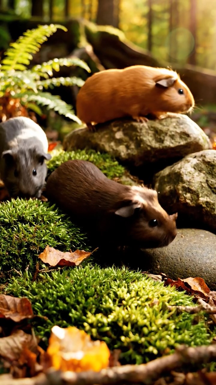 358. Photorealistic scene of 3 smooth-haired Teddy guinea pigs with Chocolate, Cinnamon, and Gray fur, climbing small rocks in a forested glade with soft moss and scattered leaves, under dappled sunlight, enhancing the authentic, adventurous atmosphere.