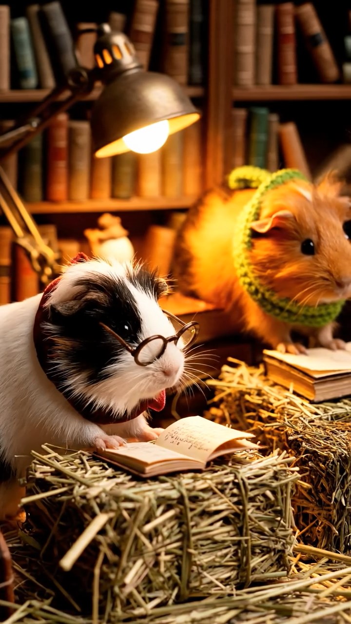 359. Highly detailed view of 4 smooth-haired Himalayan guinea pigs with White, Orange, Black, and Brown fur, dressed as writers in tiny scarves, revising manuscripts in a guinea pig study with miniature books and hay desks, under warm lamplight, creating a vivid, realistic literary scene.