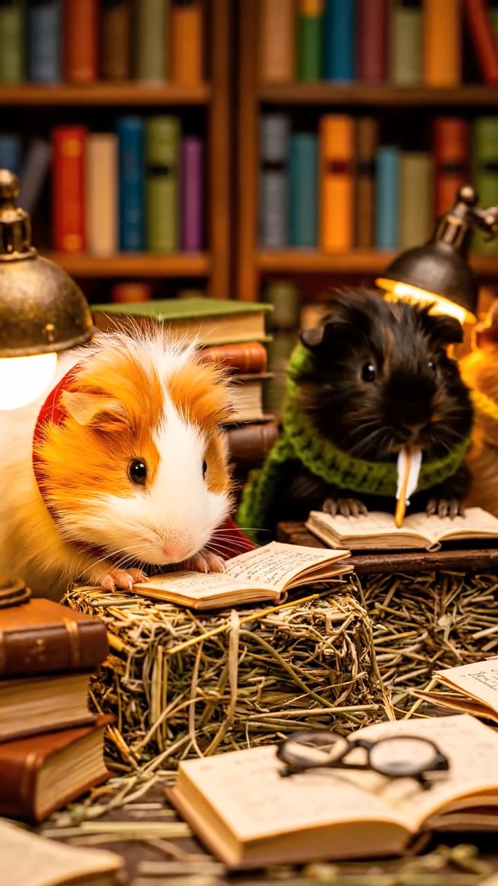 359. Highly detailed view of 4 smooth-haired Himalayan guinea pigs with White, Orange, Black, and Brown fur, dressed as writers in tiny scarves, revising manuscripts in a guinea pig study with miniature books and hay desks, under warm lamplight, creating a vivid, realistic literary scene.
