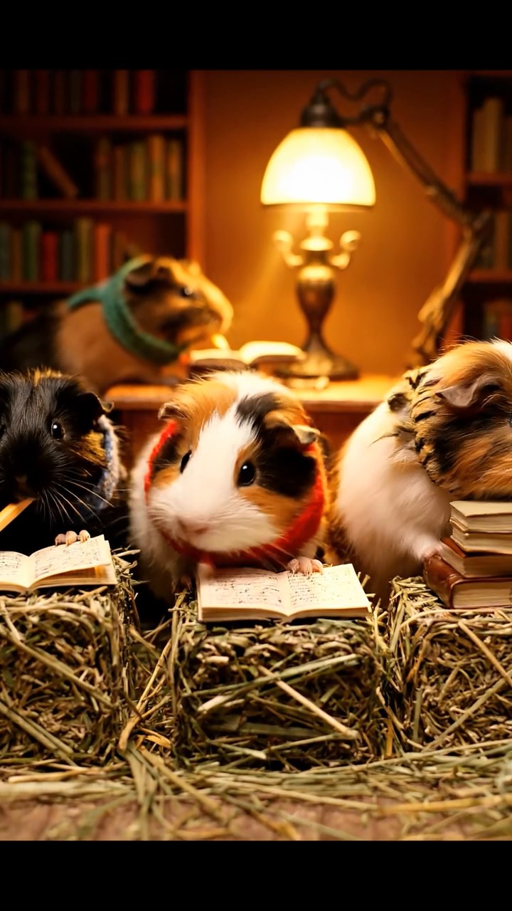 359. Highly detailed view of 4 smooth-haired Himalayan guinea pigs with White, Orange, Black, and Brown fur, dressed as writers in tiny scarves, revising manuscripts in a guinea pig study with miniature books and hay desks, under warm lamplight, creating a vivid, realistic literary scene.