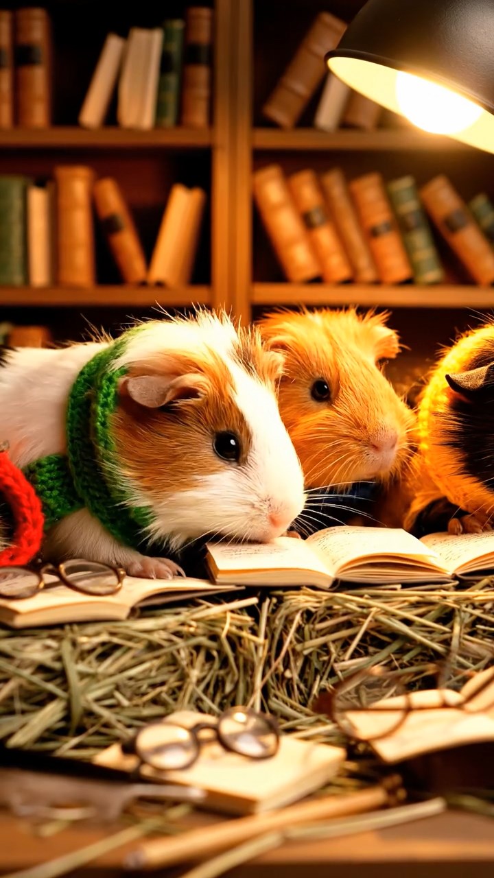 359. Highly detailed view of 4 smooth-haired Himalayan guinea pigs with White, Orange, Black, and Brown fur, dressed as writers in tiny scarves, revising manuscripts in a guinea pig study with miniature books and hay desks, under warm lamplight, creating a vivid, realistic literary scene.