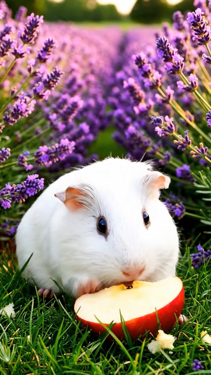 361. Detailed photo of 1 smooth-haired American guinea pig with White fur, munching on fresh apples, in a vibrant lavender garden with rows of purple blooms swaying in the breeze, under soft sunlight, creating a realistic, fragrant pastoral scene.