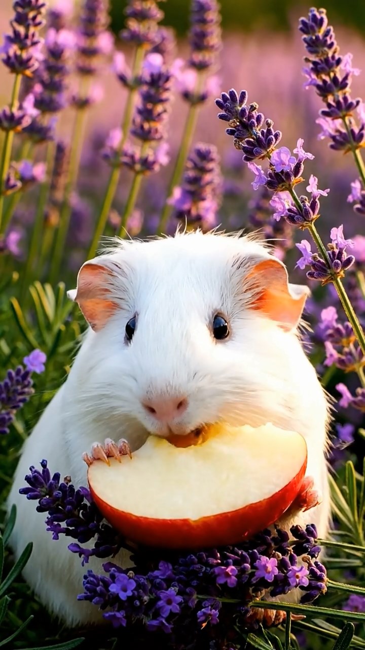 361. Detailed photo of 1 smooth-haired American guinea pig with White fur, munching on fresh apples, in a vibrant lavender garden with rows of purple blooms swaying in the breeze, under soft sunlight, creating a realistic, fragrant pastoral scene.