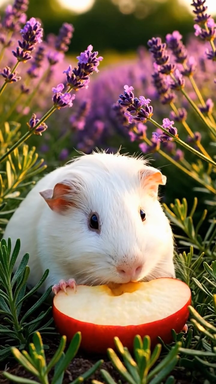 361. Detailed photo of 1 smooth-haired American guinea pig with White fur, munching on fresh apples, in a vibrant lavender garden with rows of purple blooms swaying in the breeze, under soft sunlight, creating a realistic, fragrant pastoral scene.