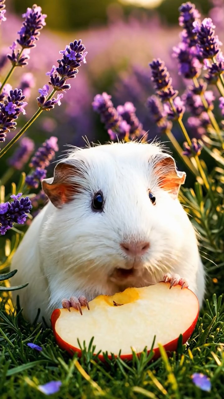 361. Detailed photo of 1 smooth-haired American guinea pig with White fur, munching on fresh apples, in a vibrant lavender garden with rows of purple blooms swaying in the breeze, under soft sunlight, creating a realistic, fragrant pastoral scene.
