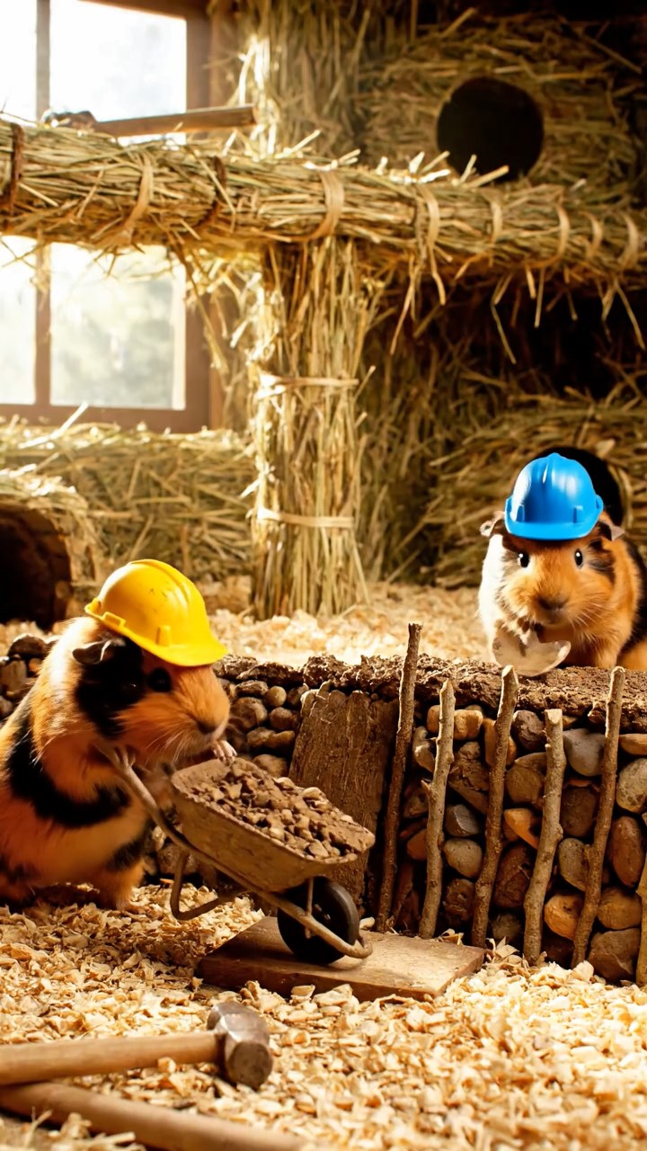 362. Photorealistic scene of 2 smooth-haired Teddy guinea pigs with Orange and Black fur, dressed as engineers in tiny helmets, constructing a miniature dam in a guinea pig workshop with hay beams and tools, under bright daylight, enhancing the lifelike, industrious atmosphere.
