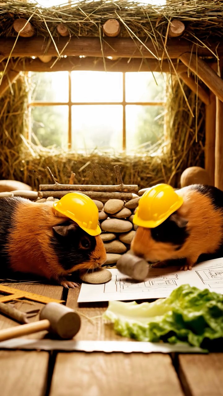 362. Photorealistic scene of 2 smooth-haired Teddy guinea pigs with Orange and Black fur, dressed as engineers in tiny helmets, constructing a miniature dam in a guinea pig workshop with hay beams and tools, under bright daylight, enhancing the lifelike, industrious atmosphere.