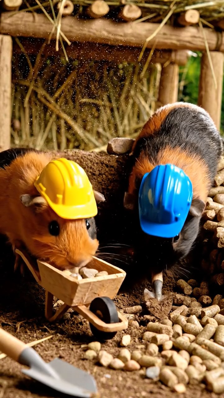 362. Photorealistic scene of 2 smooth-haired Teddy guinea pigs with Orange and Black fur, dressed as engineers in tiny helmets, constructing a miniature dam in a guinea pig workshop with hay beams and tools, under bright daylight, enhancing the lifelike, industrious atmosphere.