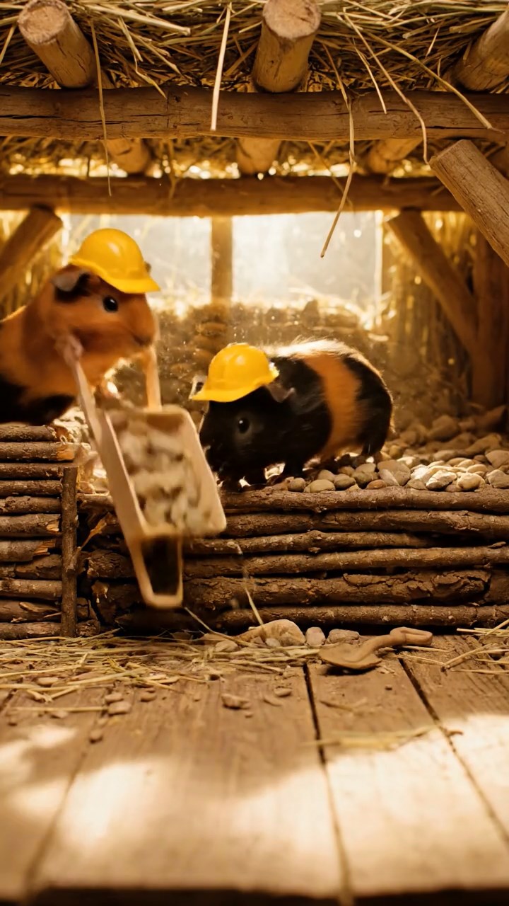 362. Photorealistic scene of 2 smooth-haired Teddy guinea pigs with Orange and Black fur, dressed as engineers in tiny helmets, constructing a miniature dam in a guinea pig workshop with hay beams and tools, under bright daylight, enhancing the lifelike, industrious atmosphere.