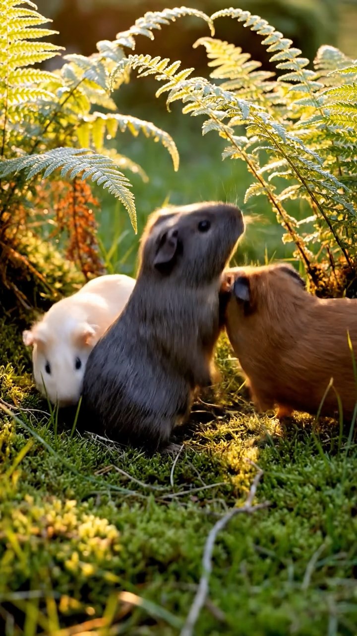 363. Highly detailed view of 3 smooth-haired Himalayan guinea pigs with Gray, Cream, and Brown fur, mating in a secluded grassy clearing surrounded by tall ferns and soft moss, under gentle morning light, creating a realistic, intimate natural scene.