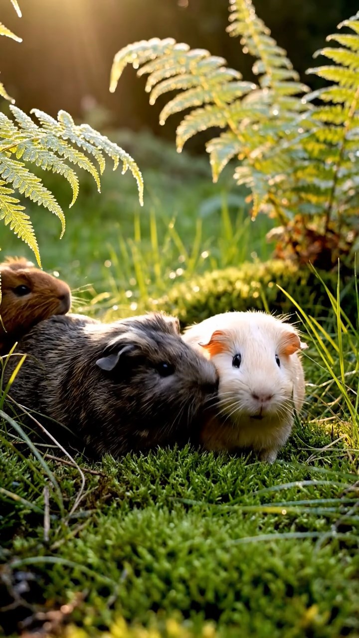 363. Highly detailed view of 3 smooth-haired Himalayan guinea pigs with Gray, Cream, and Brown fur, mating in a secluded grassy clearing surrounded by tall ferns and soft moss, under gentle morning light, creating a realistic, intimate natural scene.