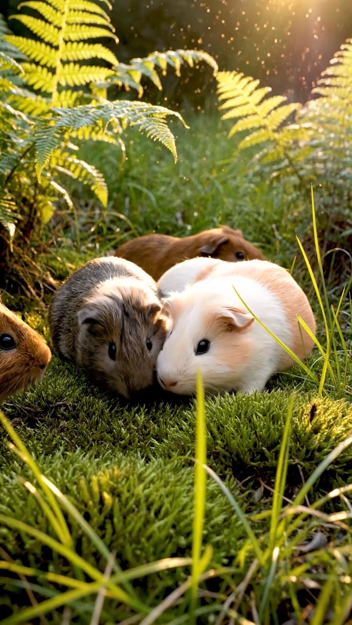 363. Highly detailed view of 3 smooth-haired Himalayan guinea pigs with Gray, Cream, and Brown fur, mating in a secluded grassy clearing surrounded by tall ferns and soft moss, under gentle morning light, creating a realistic, intimate natural scene.