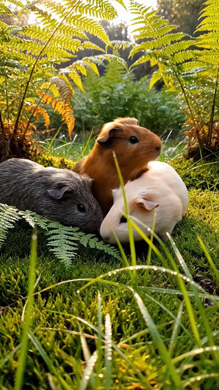 363. Highly detailed view of 3 smooth-haired Himalayan guinea pigs with Gray, Cream, and Brown fur, mating in a secluded grassy clearing surrounded by tall ferns and soft moss, under gentle morning light, creating a realistic, intimate natural scene.