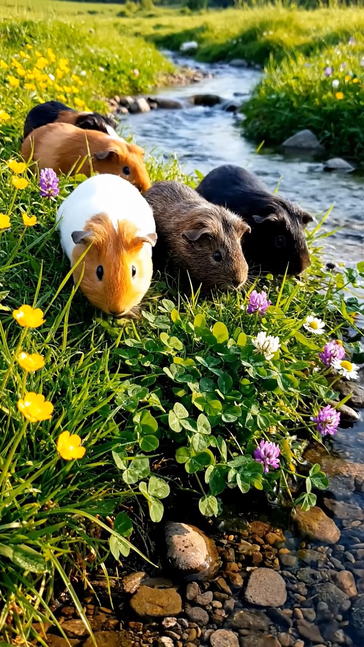 365. Detailed photo of 5 smooth-haired American guinea pigs with White, Orange, Gray, Black, and Brown fur, foraging for clover in a lush meadow with wildflowers and a trickling stream, under soft morning light, creating a realistic, serene pastoral scene.