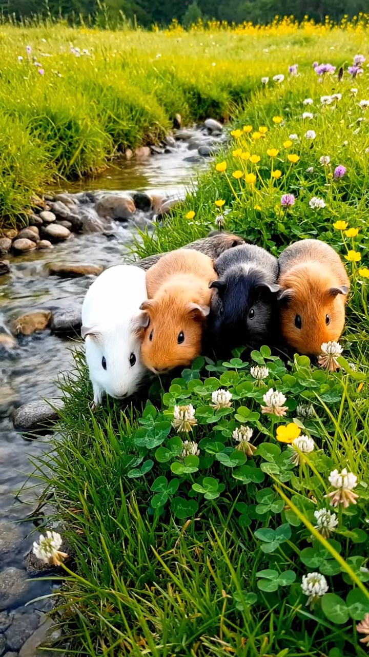 365. Detailed photo of 5 smooth-haired American guinea pigs with White, Orange, Gray, Black, and Brown fur, foraging for clover in a lush meadow with wildflowers and a trickling stream, under soft morning light, creating a realistic, serene pastoral scene.