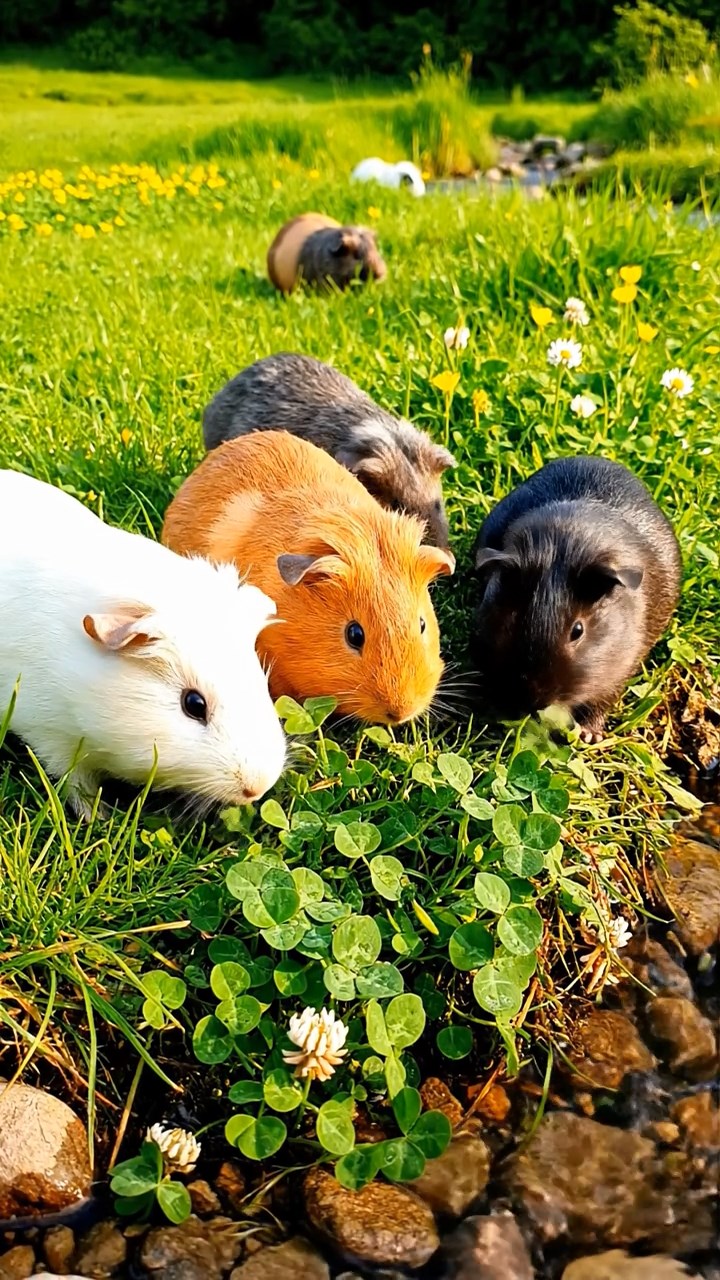 365. Detailed photo of 5 smooth-haired American guinea pigs with White, Orange, Gray, Black, and Brown fur, foraging for clover in a lush meadow with wildflowers and a trickling stream, under soft morning light, creating a realistic, serene pastoral scene.
