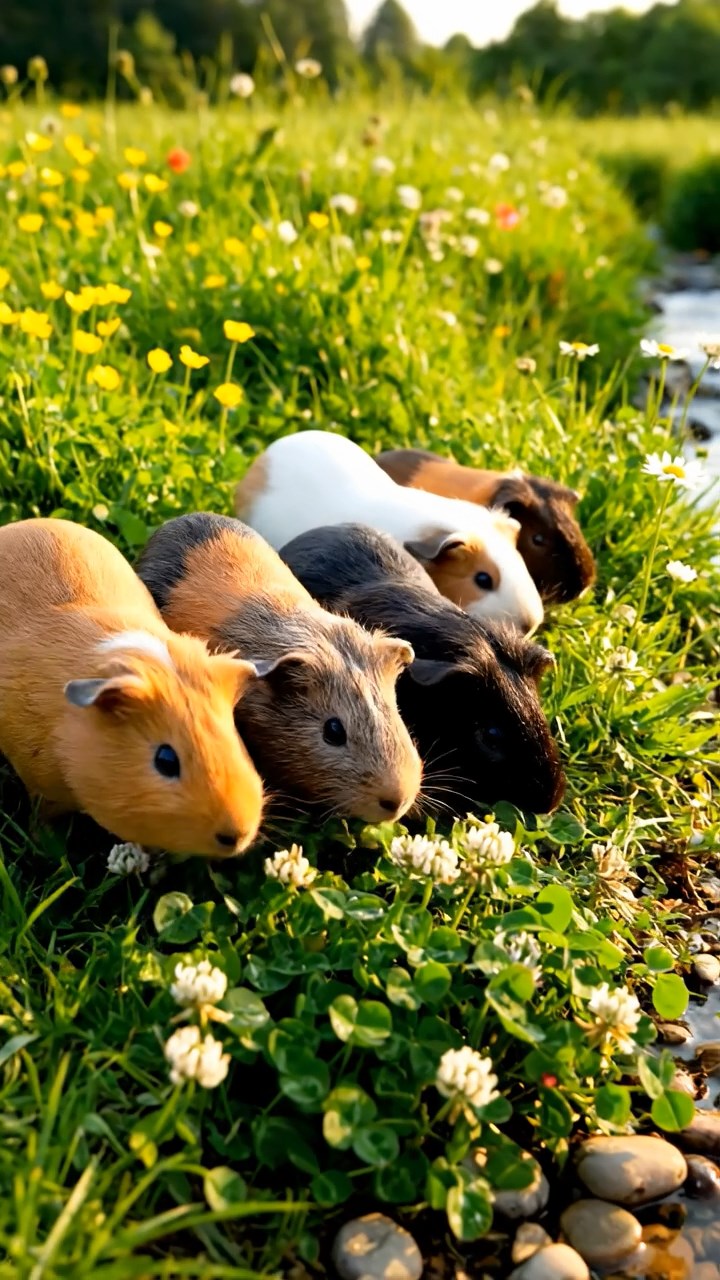 365. Detailed photo of 5 smooth-haired American guinea pigs with White, Orange, Gray, Black, and Brown fur, foraging for clover in a lush meadow with wildflowers and a trickling stream, under soft morning light, creating a realistic, serene pastoral scene.