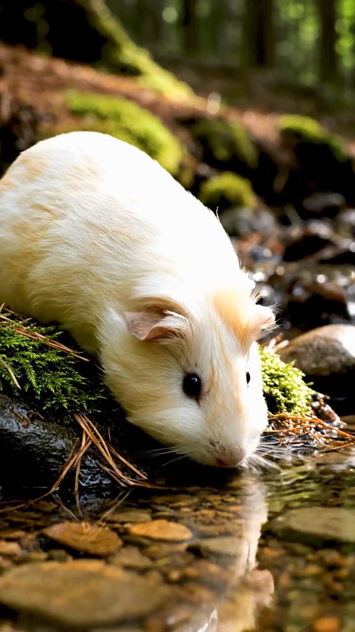 366. Photorealistic scene of 1 smooth-haired Teddy guinea pig with Cream fur, drinking from a clear stream, on a forested slope with pine needles and moss, under dappled sunlight, capturing a serene, lifelike moment of natural hydration.