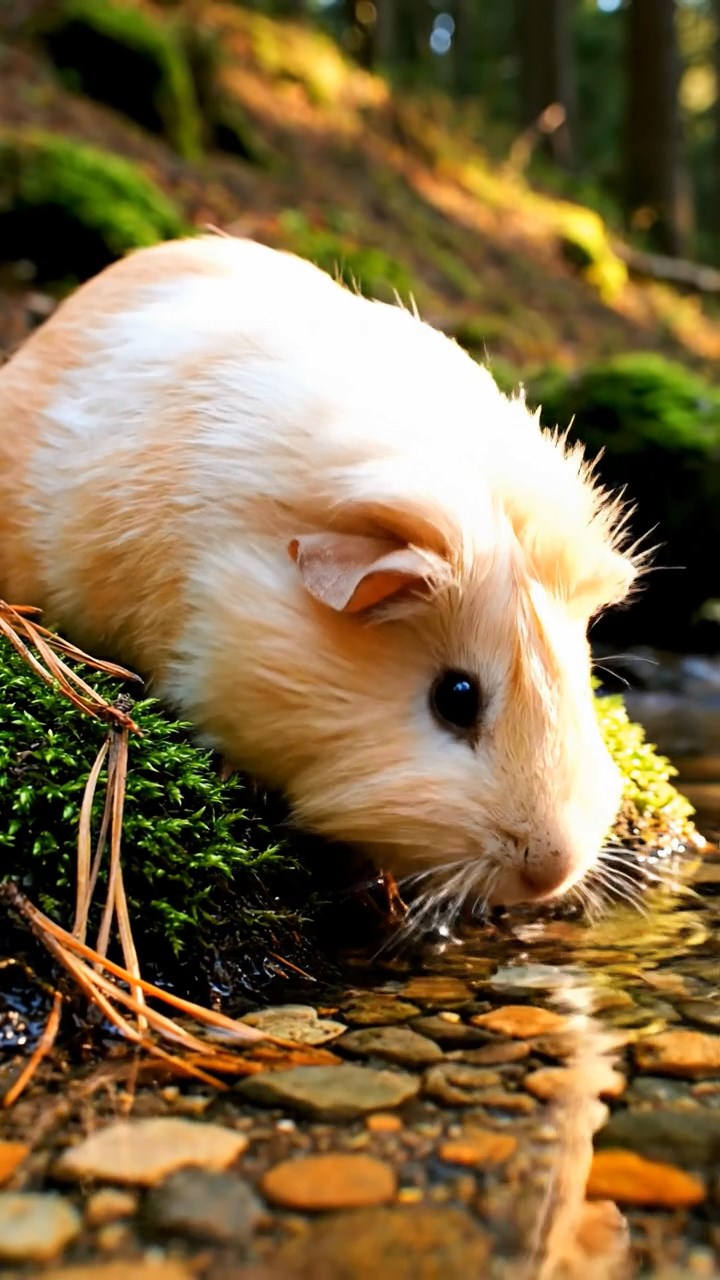 366. Photorealistic scene of 1 smooth-haired Teddy guinea pig with Cream fur, drinking from a clear stream, on a forested slope with pine needles and moss, under dappled sunlight, capturing a serene, lifelike moment of natural hydration.