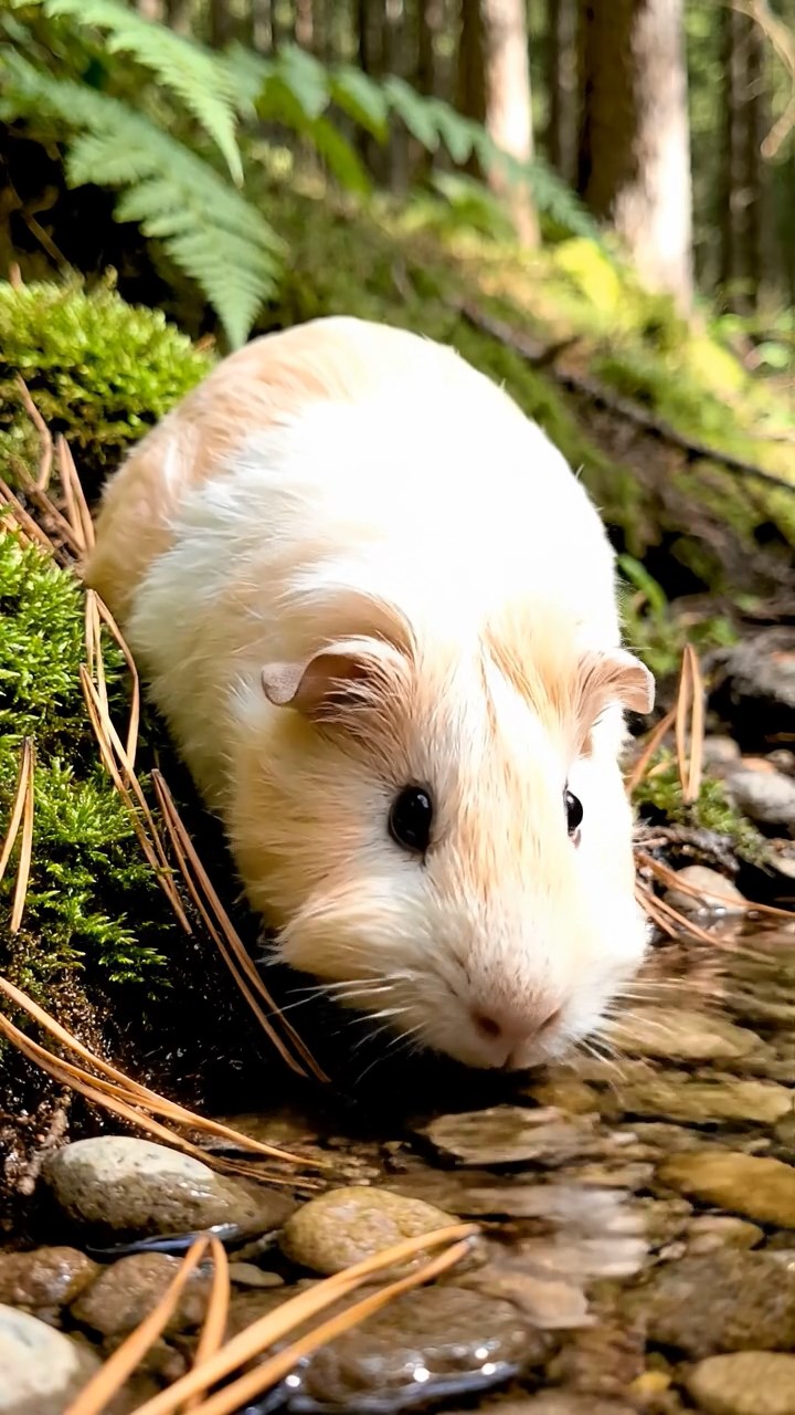 366. Photorealistic scene of 1 smooth-haired Teddy guinea pig with Cream fur, drinking from a clear stream, on a forested slope with pine needles and moss, under dappled sunlight, capturing a serene, lifelike moment of natural hydration.