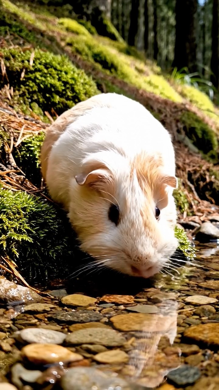 366. Photorealistic scene of 1 smooth-haired Teddy guinea pig with Cream fur, drinking from a clear stream, on a forested slope with pine needles and moss, under dappled sunlight, capturing a serene, lifelike moment of natural hydration.