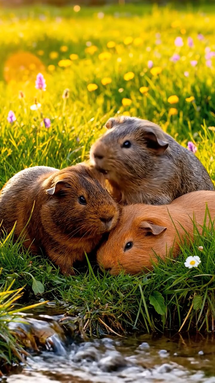 368. Realistic scene of 3 smooth-haired Californian guinea pigs with Chocolate, Cinnamon, and Gray fur, grooming each other in a lush meadow with scattered wildflowers and a babbling brook, under golden sunlight, enhancing the authentic, social atmosphere.