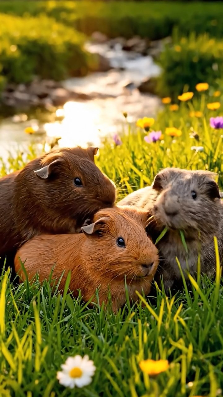 368. Realistic scene of 3 smooth-haired Californian guinea pigs with Chocolate, Cinnamon, and Gray fur, grooming each other in a lush meadow with scattered wildflowers and a babbling brook, under golden sunlight, enhancing the authentic, social atmosphere.