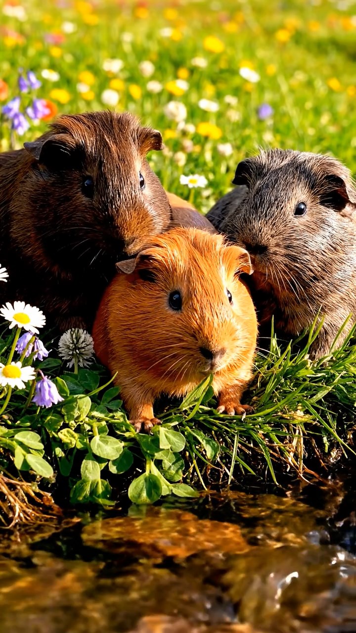 368. Realistic scene of 3 smooth-haired Californian guinea pigs with Chocolate, Cinnamon, and Gray fur, grooming each other in a lush meadow with scattered wildflowers and a babbling brook, under golden sunlight, enhancing the authentic, social atmosphere.