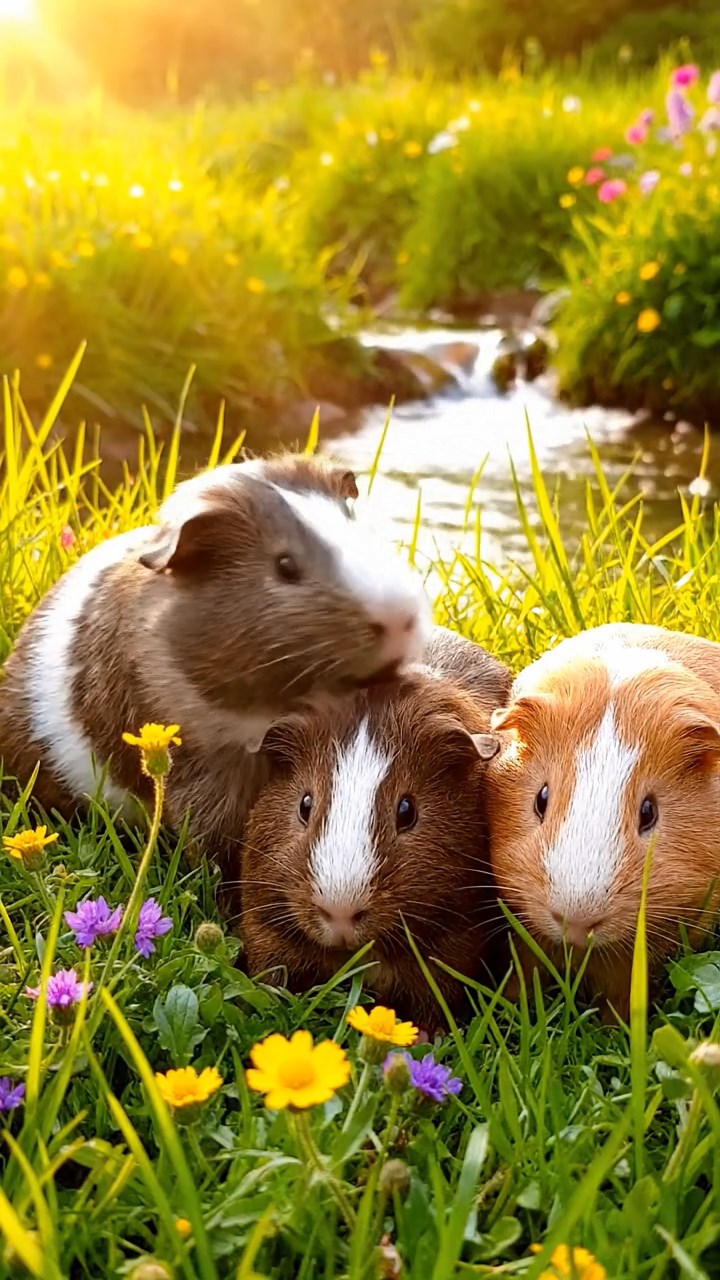 368. Realistic scene of 3 smooth-haired Californian guinea pigs with Chocolate, Cinnamon, and Gray fur, grooming each other in a lush meadow with scattered wildflowers and a babbling brook, under golden sunlight, enhancing the authentic, social atmosphere.