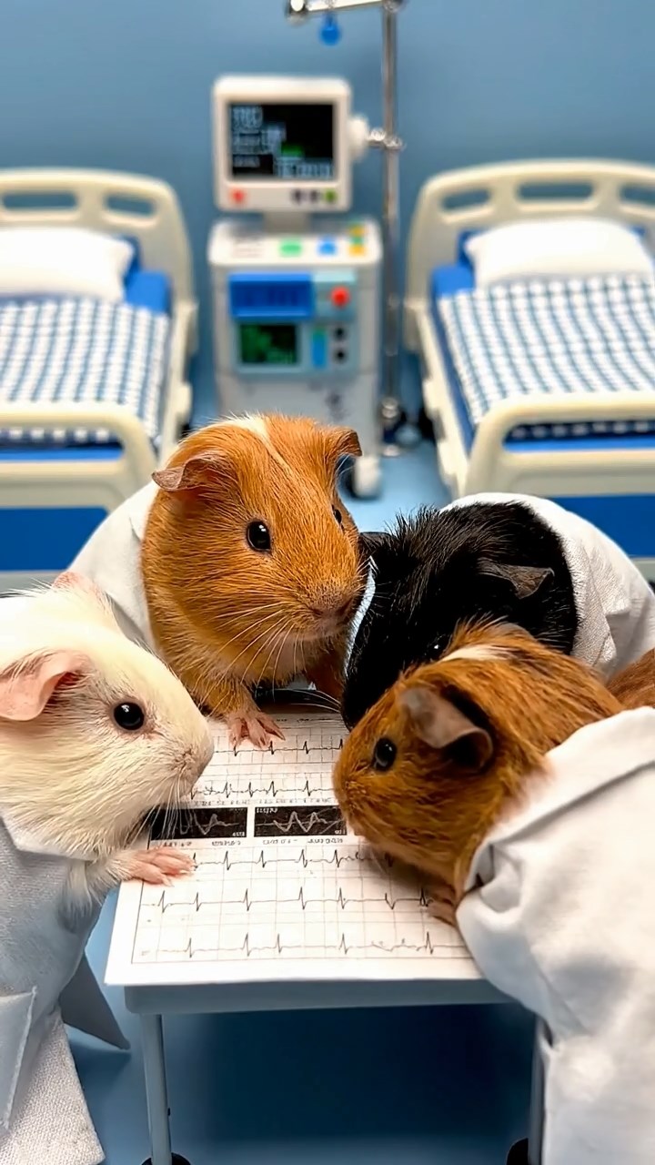369. Detailed photo of 4 smooth-haired American guinea pigs with White, Orange, Black, and Brown fur, dressed as doctors in tiny white coats, consulting charts in a guinea pig hospital with miniature beds and medical charts, under bright lights, creating a vivid, lifelike medical scene.