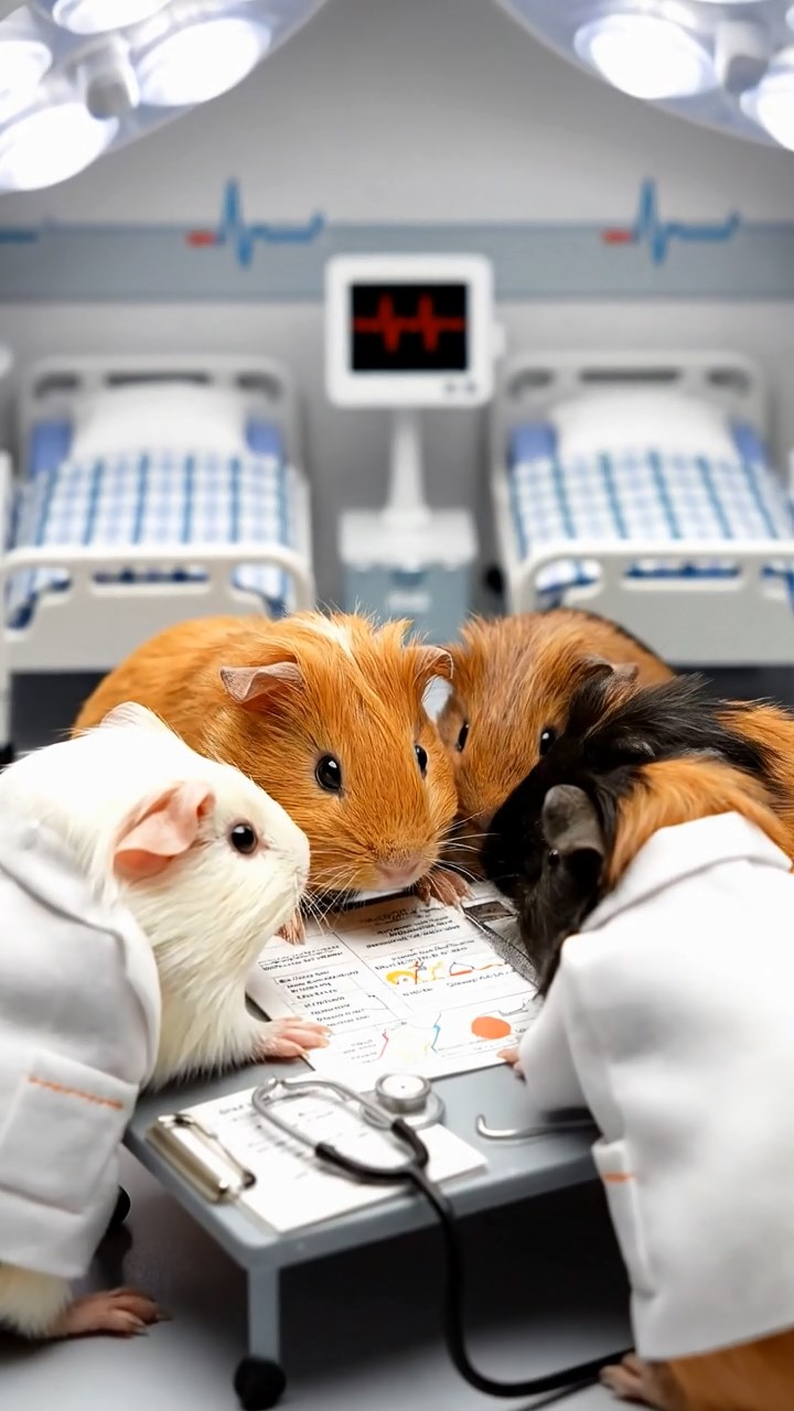 369. Detailed photo of 4 smooth-haired American guinea pigs with White, Orange, Black, and Brown fur, dressed as doctors in tiny white coats, consulting charts in a guinea pig hospital with miniature beds and medical charts, under bright lights, creating a vivid, lifelike medical scene.