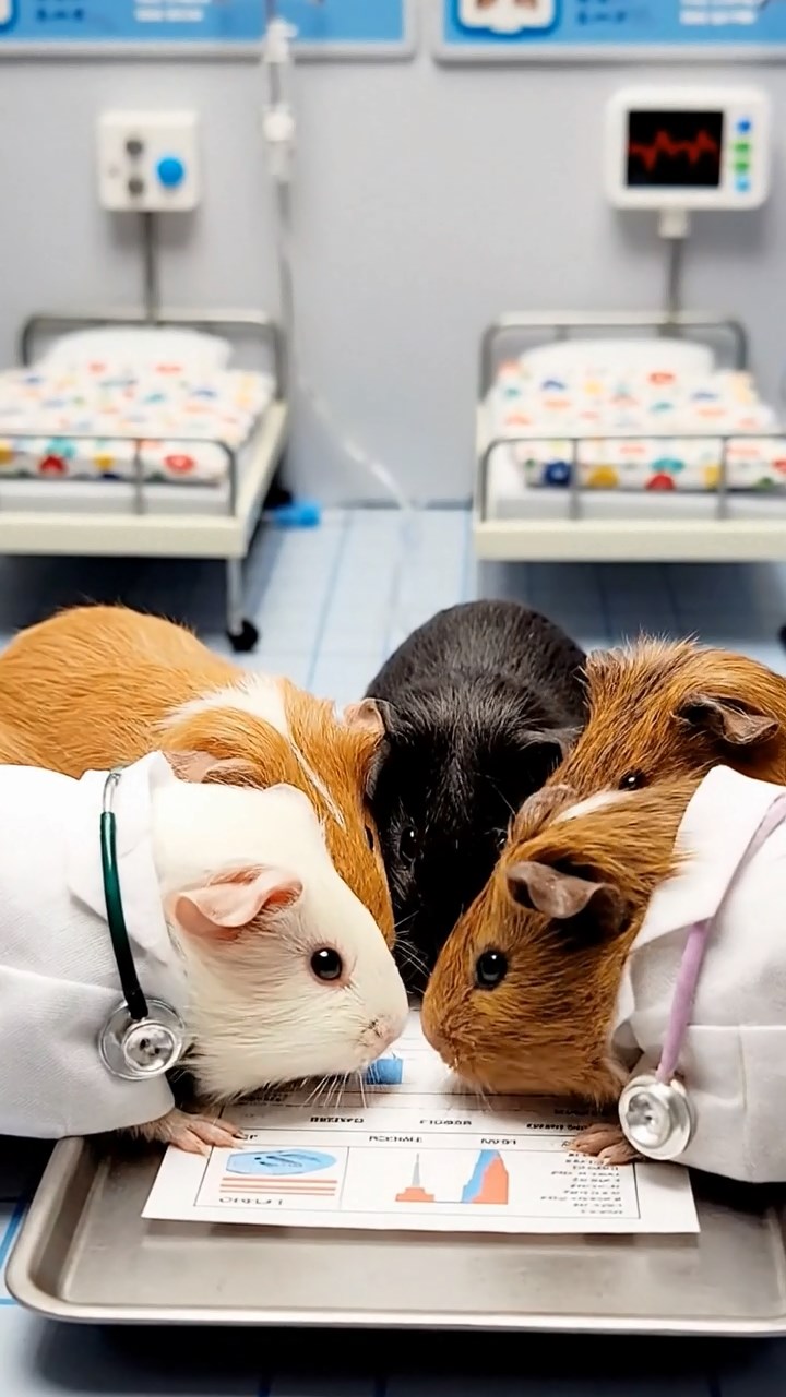 369. Detailed photo of 4 smooth-haired American guinea pigs with White, Orange, Black, and Brown fur, dressed as doctors in tiny white coats, consulting charts in a guinea pig hospital with miniature beds and medical charts, under bright lights, creating a vivid, lifelike medical scene.