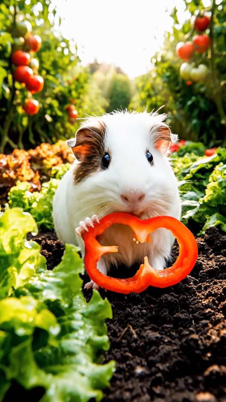 371. Highly detailed view of 1 smooth-haired Himalayan guinea pig with White fur, munching on bell peppers, in a vibrant vegetable garden with rows of tomatoes and lettuce, under bright sunlight, creating a realistic, colorful rural scene.